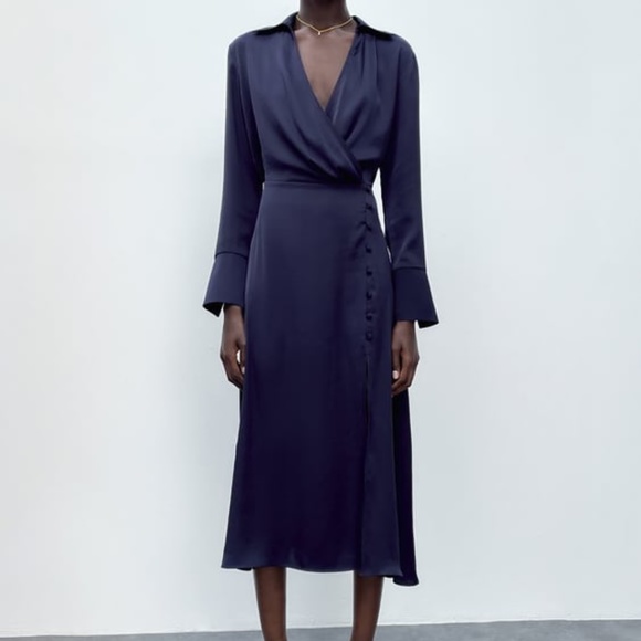 Zara Dresses & Skirts - Zara Satin Effect Buttoned Dress - Deep Blue